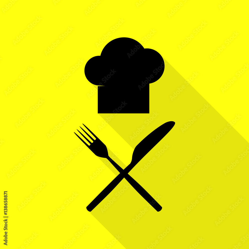Poster chef with knife and fork sign. black icon with flat style shadow path on yellow background.