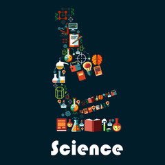 Science poster in microscope shape. Vector astronomy, chemistry, physics, genetics, mathematics, science items and books, laboratory flask, dna and formula, battery, light bulb and computer symbols
