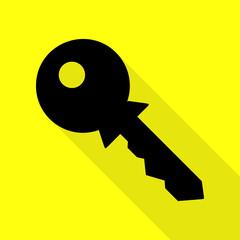 Key sign illustration. Black icon with flat style shadow path on yellow background.