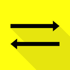 Arrow simple sign. Black icon with flat style shadow path on yellow background.