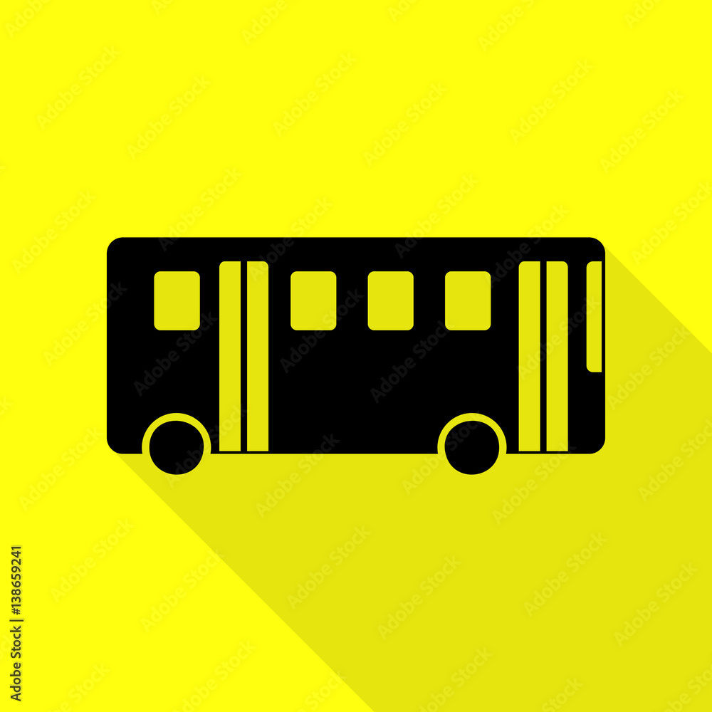 Poster bus simple sign. black icon with flat style shadow path on yellow background.