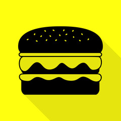 Burger simple sign. Black icon with flat style shadow path on yellow background.