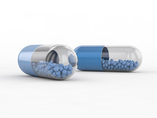 Capsule with drug on white background. 3D rendering