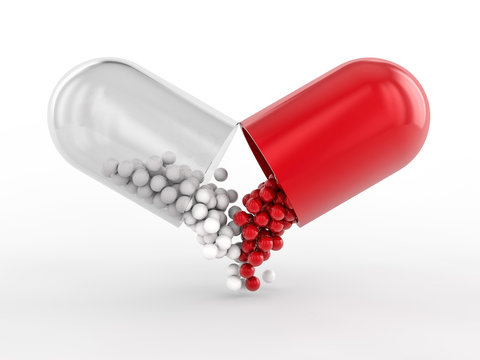 Capsule with drug on white background. 3D rendering