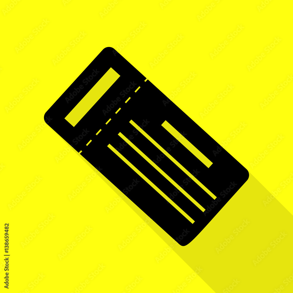 Poster ticket simple sign. black icon with flat style shadow path on yellow background.