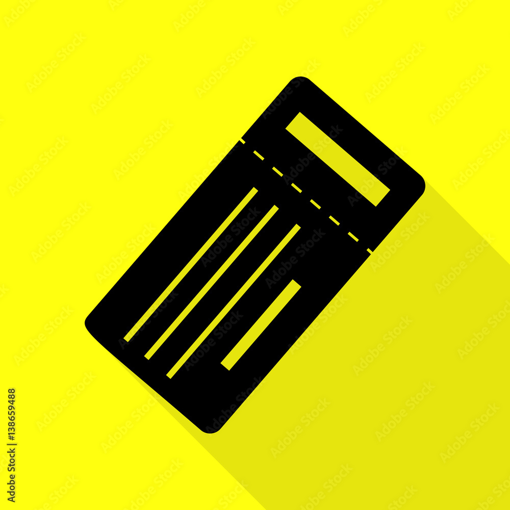 Poster ticket simple sign. black icon with flat style shadow path on yellow background.