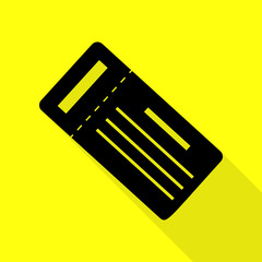 Ticket simple sign. Black icon with flat style shadow path on yellow background.