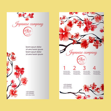 Vertical flyer or brochure with cherry blossom or sakura tree. Painted by watercolor. Corporate identity flyer design with logo element. Vector illustration.