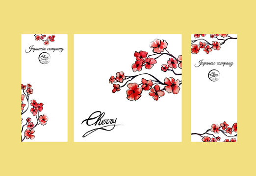 Four pages brochure with cherry blossom or sakura tree. Painted by watercolor. Corporate identity flyer design with logo element. Vector illustration.