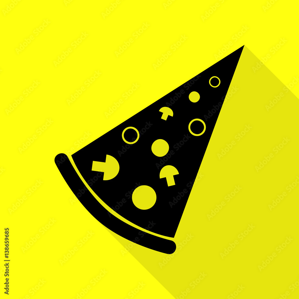 Poster pizza simple sign. black icon with flat style shadow path on yellow background.