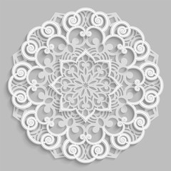 Lace 3D mandala,  round symmetrical openwork pattern,  decorative  snowflake, arabic ornament, decorative design element,  vector