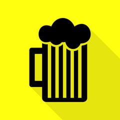 Glass of beer sign. Black icon with flat style shadow path on yellow background.