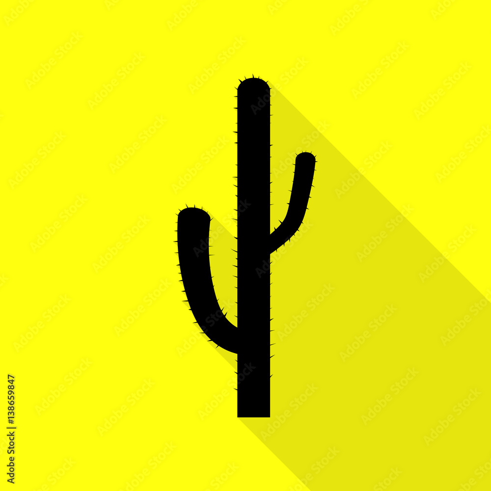 Poster cactus simple sign. black icon with flat style shadow path on yellow background.