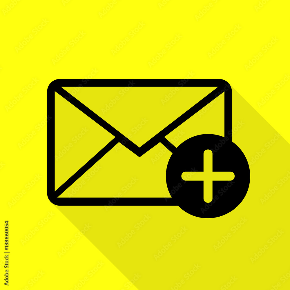 Aufkleber mail sign illustration with add mark. black icon with flat style shadow path on yellow background.