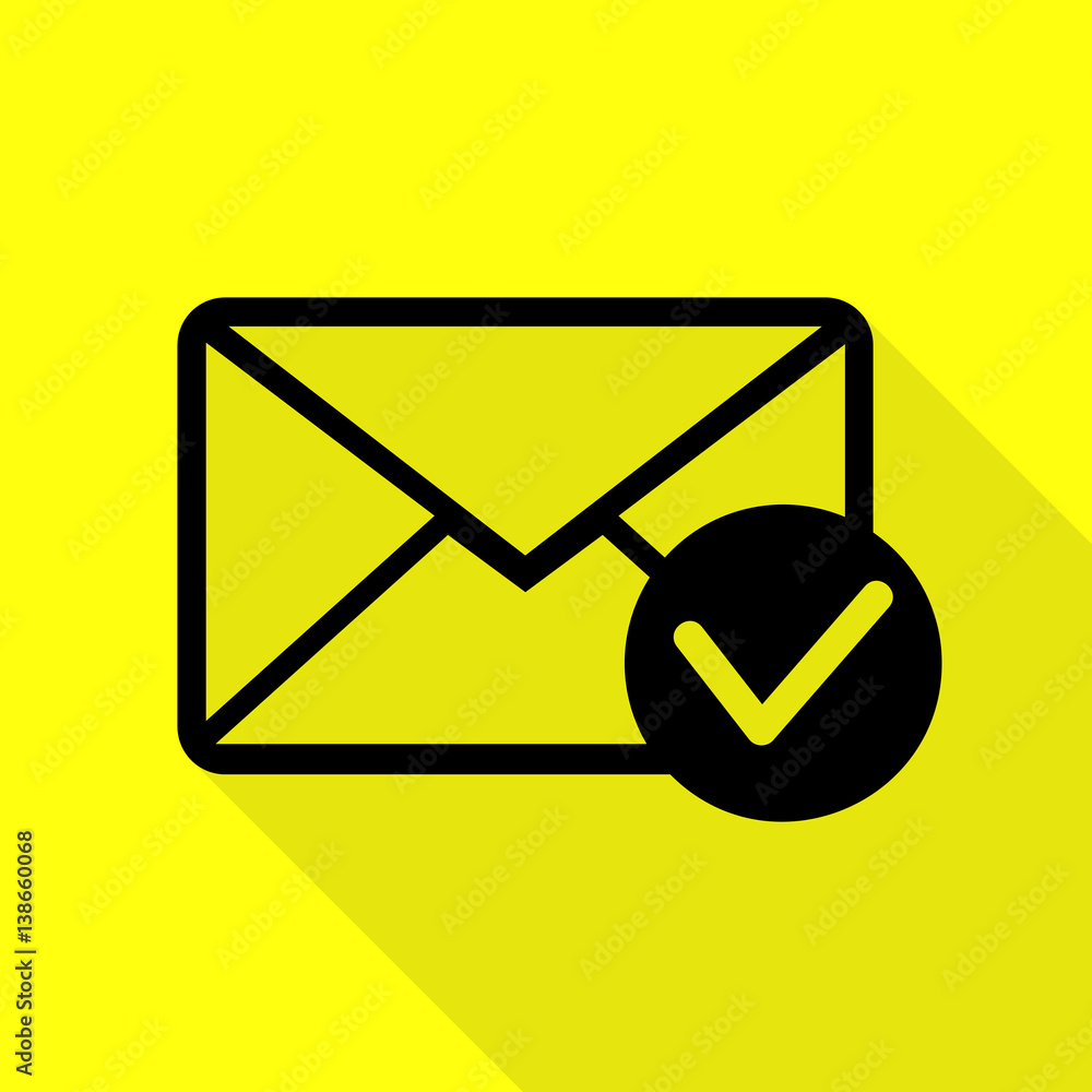 Poster mail sign illustration with allow mark. black icon with flat style shadow path on yellow background.