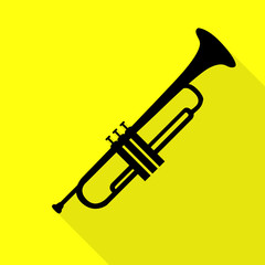 Musical instrument Trumpet sign. Black icon with flat style shadow path on yellow background.