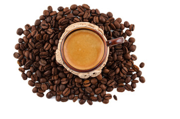Coffee beans and coffee cup with white background