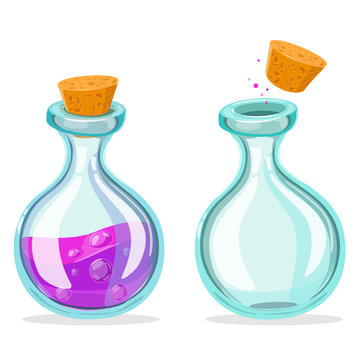 Set of Cartoon Potion Bottle. Glass flasks with colorful liquids isolated on a white background. Game icon of magic elixir.Vector design for app user interface. For animation vector illustration