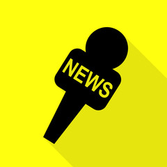 TV news microphone sign illustration. Black icon with flat style shadow path on yellow background.