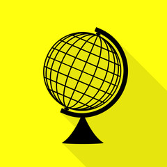 Earth Globe sign. Black icon with flat style shadow path on yellow background.