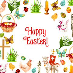 Easter holiday symbols cartoon poster. Easter egg, rabbit bunny with ribbon, chicken, chick, egg hunt basket, lily flower, lamb of God, cross, candle, green grass, butterfly and willow tree twigs