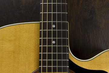 acoustic guitar neck fingerboard frets strings music case close inlay creativity art sound vibration play music guitarist