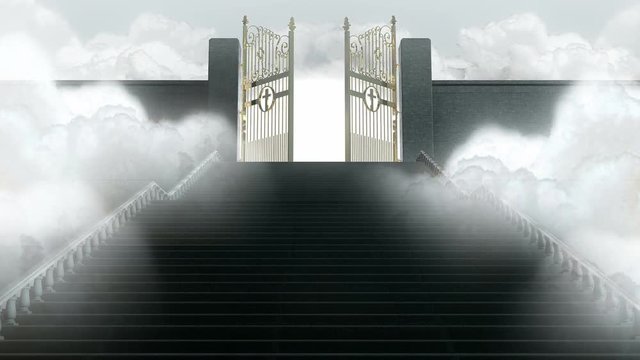 A concept of a long view up a staircase towards heavens golden gates opening to a blinding ethereal light on a cloudy background
