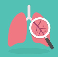 Lung inspection icon. Medical inspection concept. Magnifying glass on lungs. Flat design