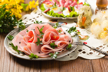 Sliced ham with decoration Easter.
