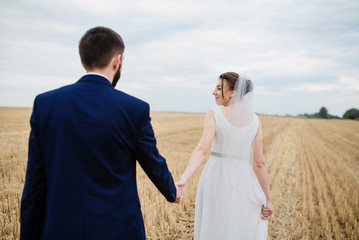 Wedding couple in love at wheat field with stubble.