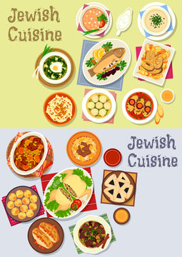 Jewish Cuisine Kosher Food Icon With Fish And Chicken Dishes, Chickpea Falafel, Lamb, Beef Bean Stew, Meat Dumpling, Lentil, Sorrel Soup, Liver Pate, Radish Salad, Beef Roast, Poppy Cookie