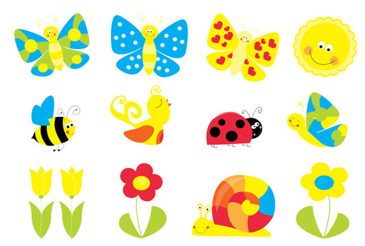 
set of cute cartoon springtime nature objects : flowers, butterflies, bee,sun / joyful collection of spring vectors for children