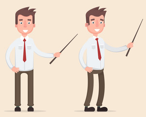 Standing businessman teacher pointing with wooden pointer stick.