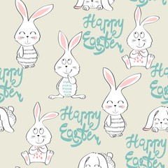 Happy Easter greeting card with bunny. Hand drawn lettering.