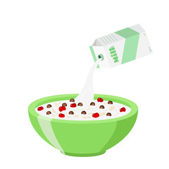 Cereal chocolate balls with cherry. Milk, oatmeal breakfast. Flat style.