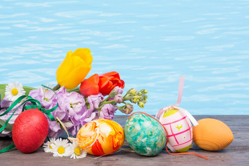 Naklejka premium Easter in pool, wellness and relax. Eggs and water background for party and spa