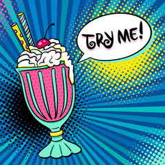 Fototapety  Pop-art tło z smaczne kolorowe lody deser i spróbuj dymek. Ilustracja wektorowa w komiksowym stylu retro pop-art.