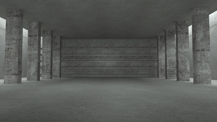 Abstract concrete space with columns, 3 d render