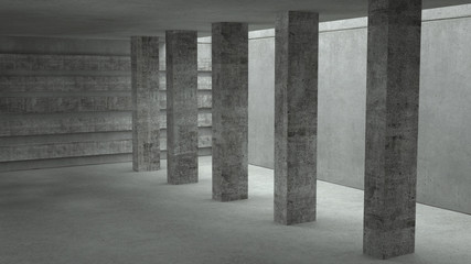 Abstract concrete space with columns, 3 d render