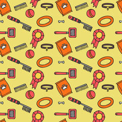 Doodle isolated seamless pattern of dog items elements. Pet icons walking, feeding, grooming salon equipment