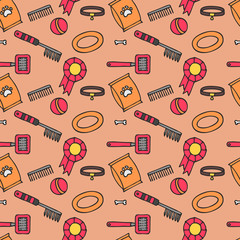 Doodle isolated seamless pattern of dog items elements. Pet icons walking, feeding, grooming salon equipment