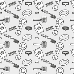 Doodle isolated seamless pattern of dog items elements. Pet icons walking, feeding, grooming salon equipment