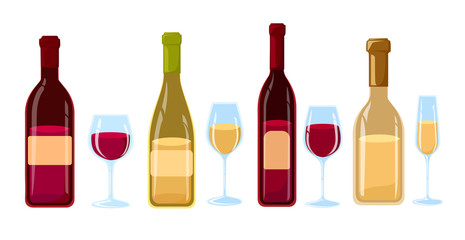 Different Kinds of Wine Bottles Without Labels Flat design illustration of wine bottles and glasses with various types of wine