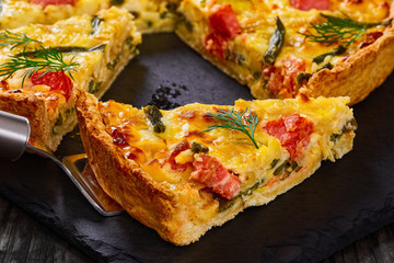 homemade french quiche with Salmon, close-up
