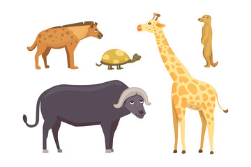 African animals cartoon vector set. elephant, rhino, giraffe, cheetah, zebra, hyena, lion, hippo, crocodile, gorila and outhers. safari isolated illustration