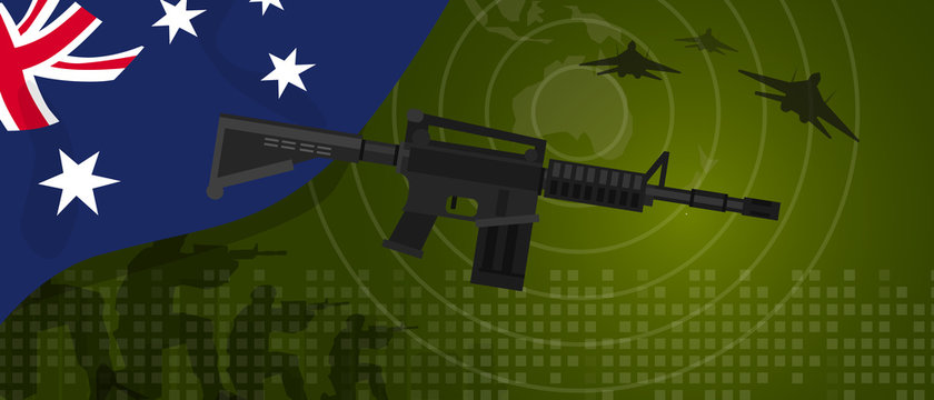 Australia military power army defense industry war and fight country national celebration with gun soldier jet fighter and radar