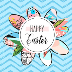 Hand drawn vector abstract creative Happy Easter greeting card design template with painted Easter eggs collection and Happy Easter phase isolated on blue color trendy zig zag line chevron background.