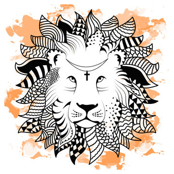 Line art hand drawing black lion isolated on white background with orange watercolor blots. Doodle style. Tatoo. Zenart. Zentangle.Coloring for adults. © wowanneta