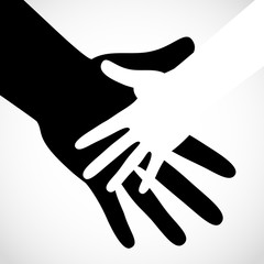 Obraz premium Black color big hand and white small hand concept. Help symbol hands support emblem. Hands icon illustration. Education, health care, medical, design element.