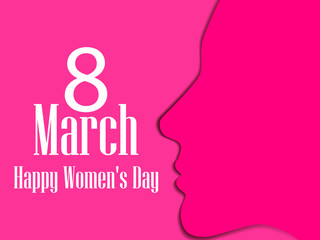 Happy Women's Day greeting card. 8 March. Female face with the text of congratulations. Holiday card. Vector illustration